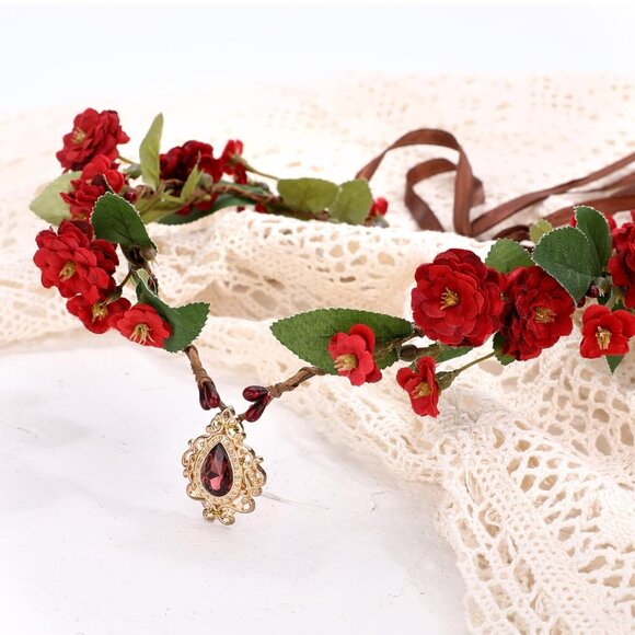 Red Flower Crown Headband Fairy Elf Circlet Renaissance Cosplay Halloween - Picture 5 of 7